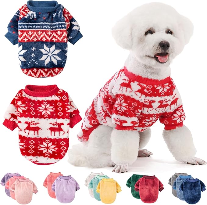 FabriCastle Christmas Dog Sweater, 2-Pack Dog Clothes, Ultra Soft and Warm Pet Jackets for Small Dogs & Cats, Winter Pet Apparel Costumes, Puppy Outfits (Red,Blue, Medium)