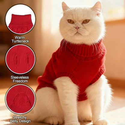 BINGPET Cat Sweater,Thermal Knitted Kitten Clothes Winter Coat,Classic Knit Turtleneck Cat Sweaters for Cats Only,Warm Pet Clothes for Kittens & Small Dogs Puppy Boy Girl Indoor Outdoor(Red,M)