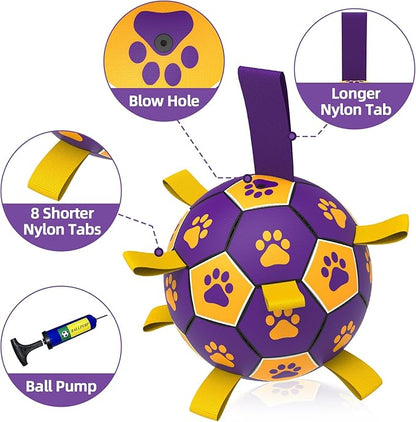 QDAN Dog Ropes Toys, Soccer Ball with Straps, Dogs Water Toy, Durable Dog Balls for Small Medium Breed（6 Inch）