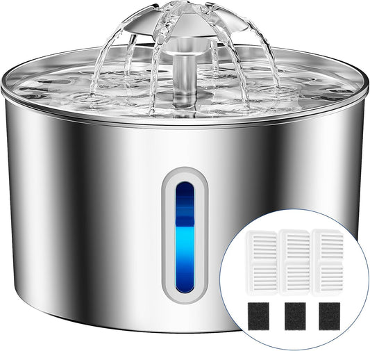 Cat Water Fountain Stainless Steel - 74oz/2.2L Corded Pet Water Dispenser Automatic Silent Cats Dispenser for Drinking Inside Indoor Metal Kitty Spout Fountain with 3 Filters & 3 Sponges
