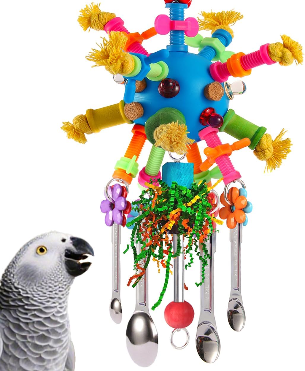 Parrot Toys Bird Toys Perch Pullable Stainless Steel Spoons Colorful Acrylic Stick Chew Toys for Amazons Mini Macaws African Greys Cockatoos Conures, Cockatiels, Lovebirds, Parrotlets and Other (blue)