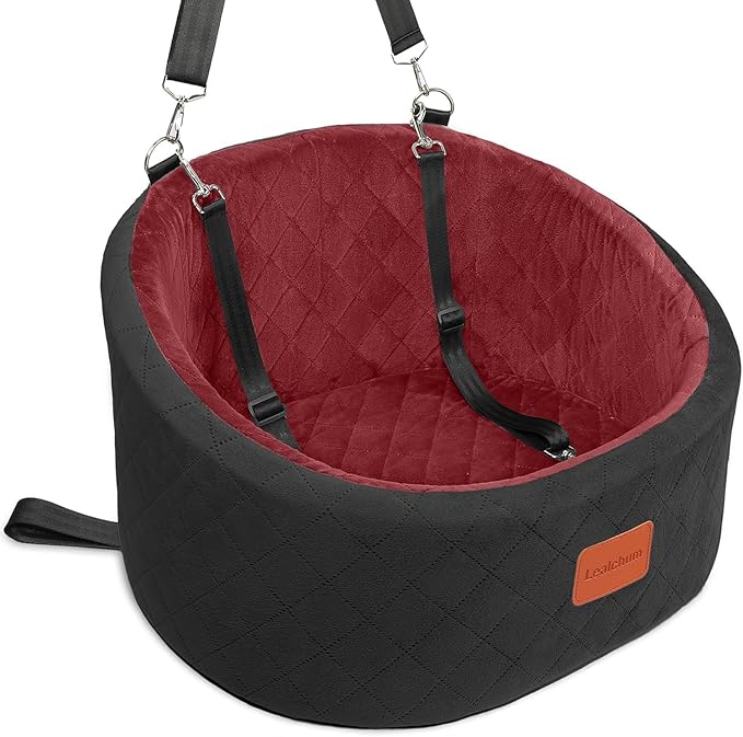 Dog Car Seat for Small Dogs Up to 30 Lbs,Ultra Soft Fabric Fill in Comfy Memory Foam,Happy Pet Ride,2 Safety Dog Leashes,Fully Detachable and Washable,Anti Slip Base(Black/Red)