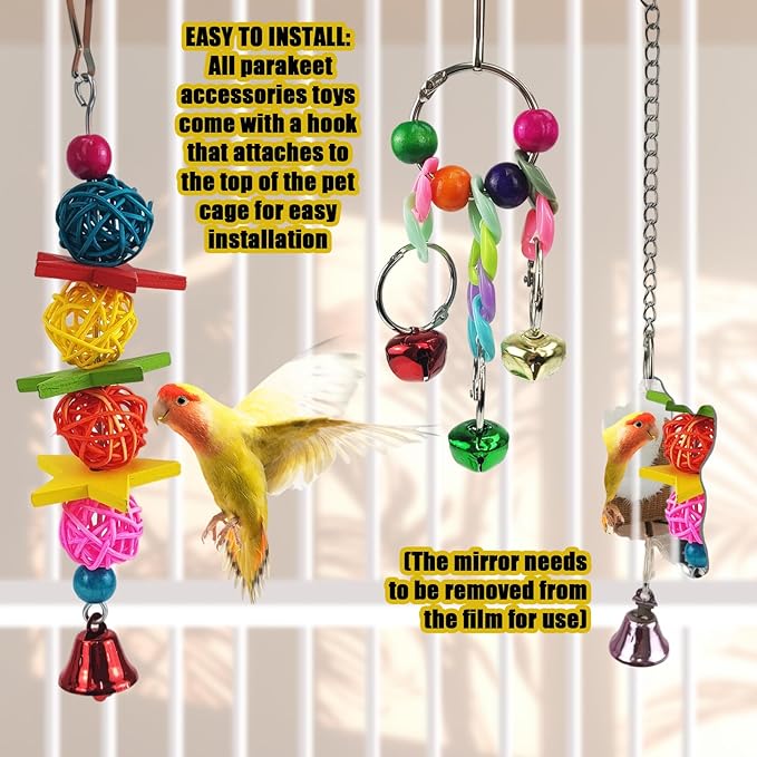 Parakeet Toys,7 Pcs Colorful Bird Toys for Parakeets,Pet Bird Cage Hammock Swing Climbing Ladders Chewing Toy Mirror Hanging Bell Wooden Perch for Budgerigar,Conures, Love Birds,etc