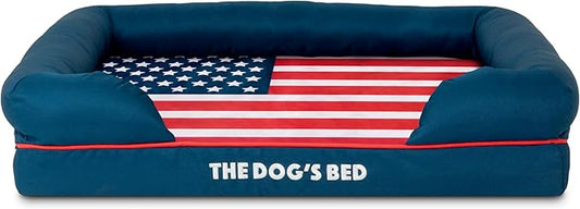 The Dog’s Bed, Medium Blue Oxford with Red Trim USA Flag Dog Bed with Central Flag, Memory Foam, Pain Relief, Post Surgery, Waterproof Washable Cover