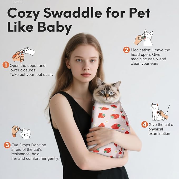Cat Wrap for Cutting Nails, Self-Adhesive for Grooming, Anti-Scratch Cat Swaddle Wrap for Medicine, Nail Clipping, Teeth Brushing, Ear Cleaning