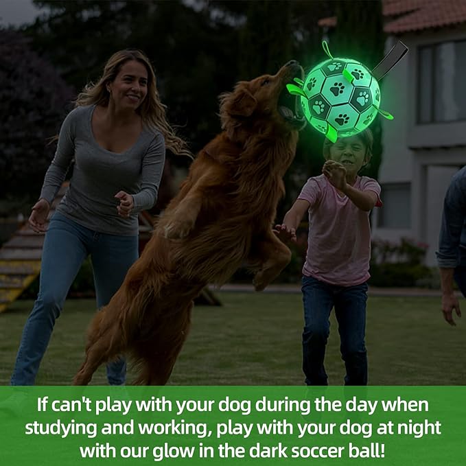 QDAN Glow in The Dark Dog Toys Soccer Ball with Straps, Outdoor Interactive Dog Toys Puppy Birthday Gifts, Dog Tug Water Toy, Light Up Dog Balls for Small & Medium Dogs（6 Inch Size 2）