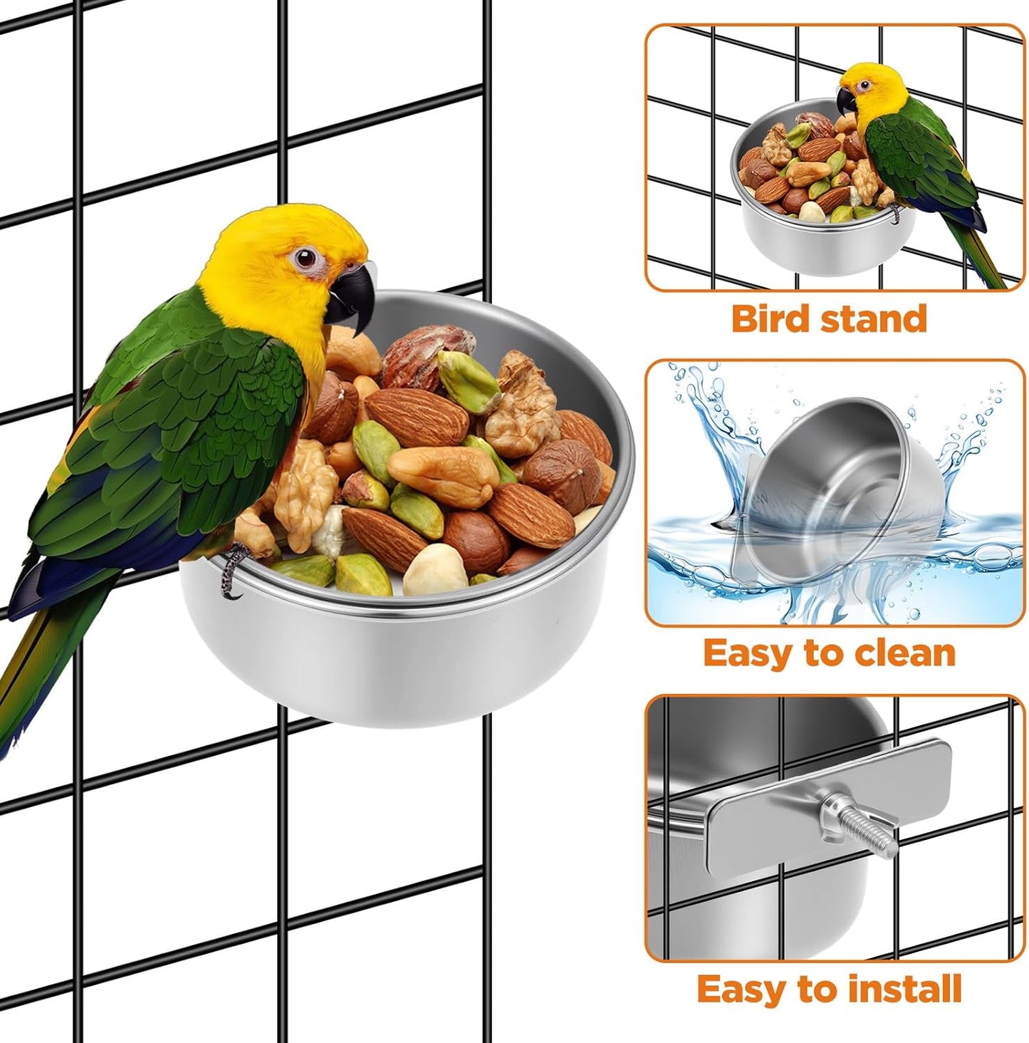 8 Pcs Stainless Steel Bird Food Water Bowls with Clamp Holders, Parrot Feeding Dish Cups for Cage, Cockatiel Conure Budgie Parakeet Macaw Lovebird Small Animal