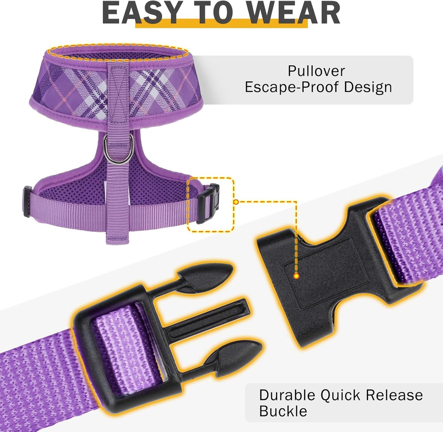 SCENEREAL No Pull Dog Harness Collar and Leash Set Small Medium Sized Dog, Soft Mesh Step in Puppy Harnesses, No Chock Plaid Adjustable Pet Vest for Outdoor Walking Training and Running, Purple S