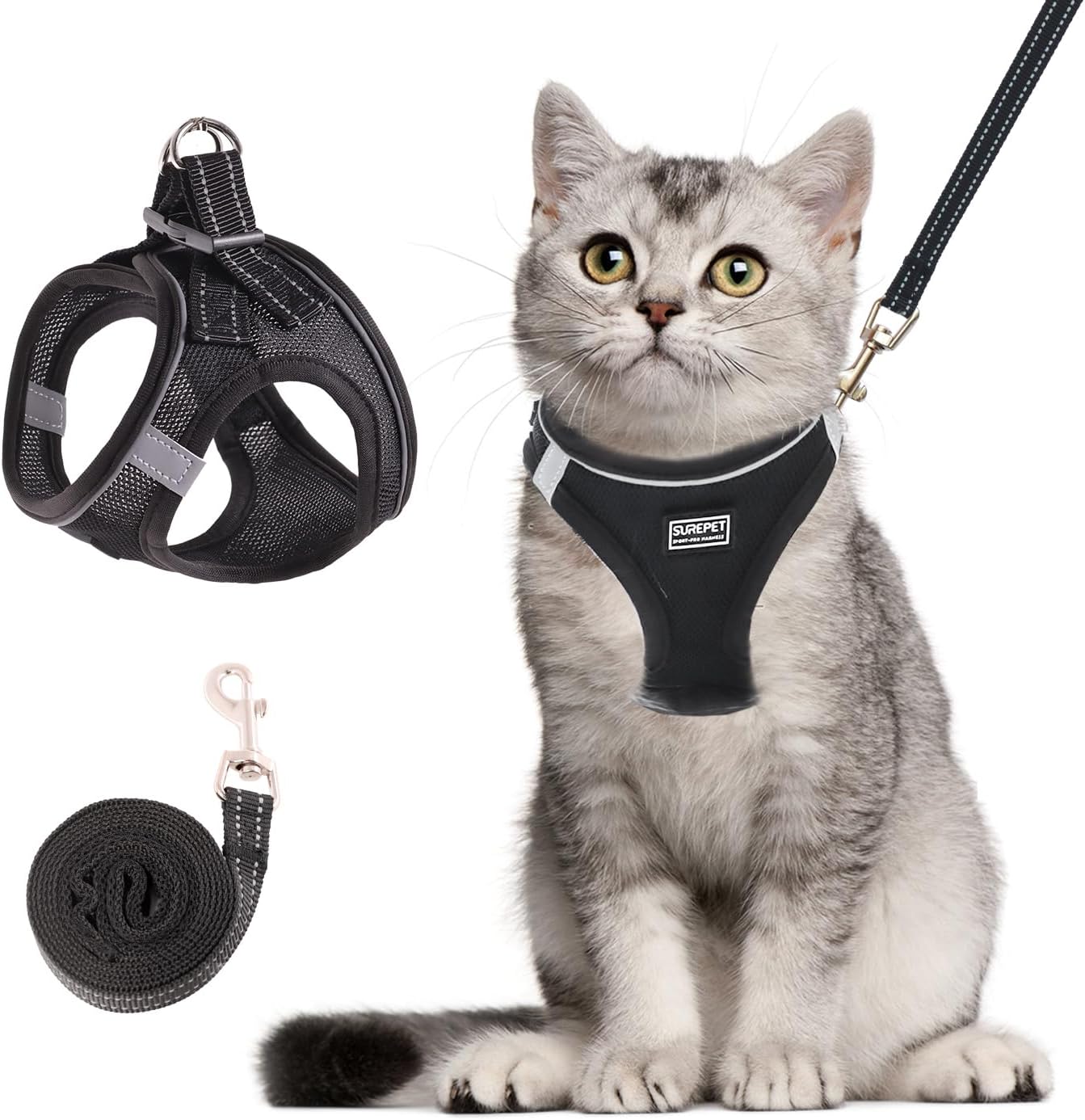 Cat Harness and Leash Set, Soft and Breathable Vest with Reflective Strip, Escape Proof Kitten Harness, Easy to Wear for Cats Walking and Traveling (Black, S)
