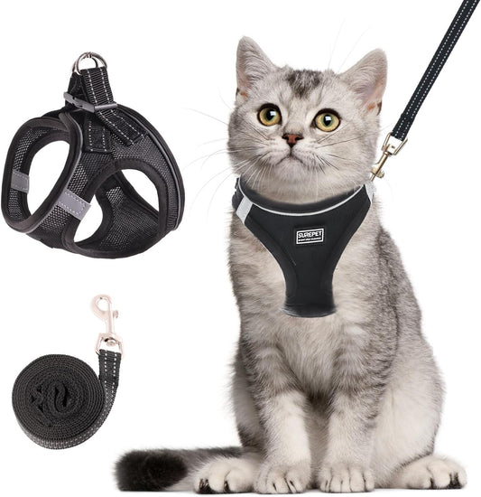 Cat Harness and Leash Set, Soft and Breathable Vest with Reflective Strip, Escape Proof Kitten Harness, Easy to Wear for Cats Walking and Traveling (Black, S)