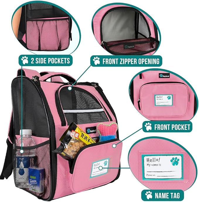 PetAmi Dog Backpack Carrier for Small Large Cat, Pet, Puppy, Ventilated Pet Hiking Backpack Travel Bag, Airline Approved Cat Backpack Carrier, Camping Biking Dog Bag Up to 18lbs Pet, Pink