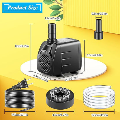 Submersible Pump, Small Fountain Pump with Tubing, Submersible Water Pump for Aquarium Fish Tank Indoor or Outdoor Pond Fountain Hydroponics Statuary (10W 160GPH, With Led Light)