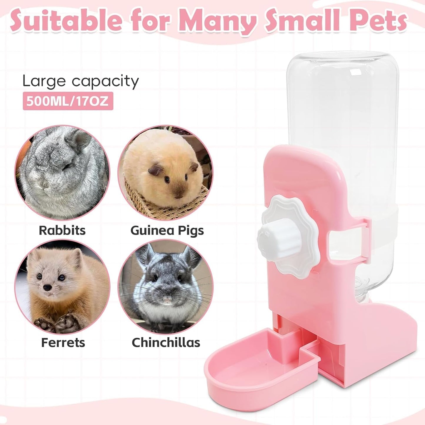 kathson Rabbit Water Bottle, 17oz Hanging Water Fountain Automatic Dispenser No Leak WaterFeeder for Bunny Chinchilla Guinea Pig Hedgehog Ferret
