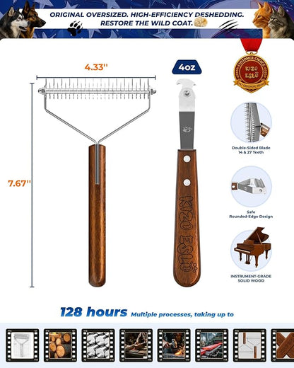 Extra Large 2-Sided Undercoat Rake for Dogs & Cats, Dog Brush for Shedding Remove Mats, Dematting Comb, Safe&Gentle Grooming Brush for German Shepherds Medium to Long-Haired Pets,Premium Wooden Handle