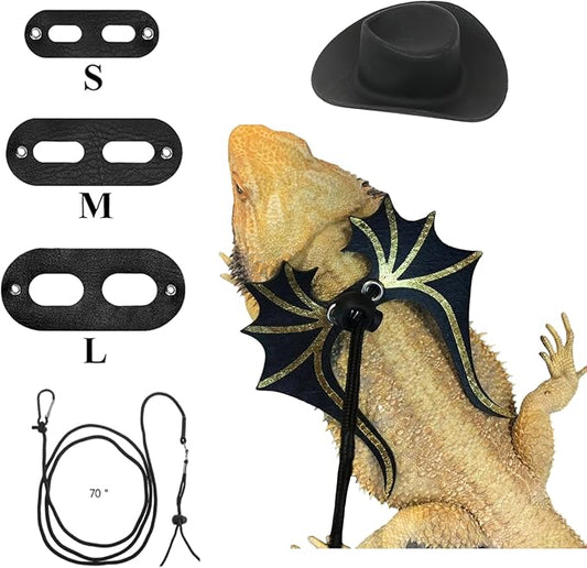 Bearded Dragon Leash Harness Set with Wings and a Hat, Reptile Leash Collar for Lizard, Leopard Gecko and Other Small Animal Pets, Outdoor Play