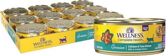 Wellness Complete Health Gravy Adult Wet Cat Food, Natural, Protein-Rich, Grain Free, 5.5 Ounce, 12 Pack, (Chicken & Tuna Dinner)