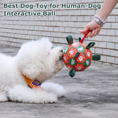 QDAN Christmas Dog Balls with Straps, Soccer Ball for Dogs for Small Medium Pet, Interactive Rope Toys, Puppy Birthday Gifts (6 Inch)