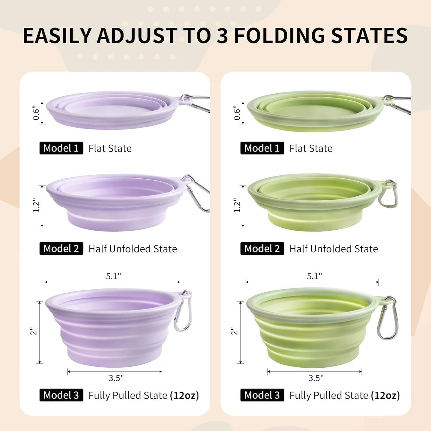 Collapsible Dog Bowls 2-Pack, Portable Travel Dog Bowl with Carabiner, Food-Grade Silicone Pet Bowl for Hiking, Walking(Macaron Violet and Green)