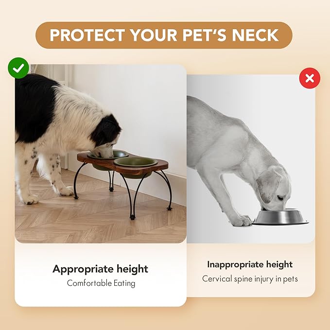 Ceramic 7.1-inch Raised Double-Bowl Set with Non-Slip Stand, Food & Water Dishes for Medium and Large Dogs, Wide Opening with Rounded Edges(Olive Green)