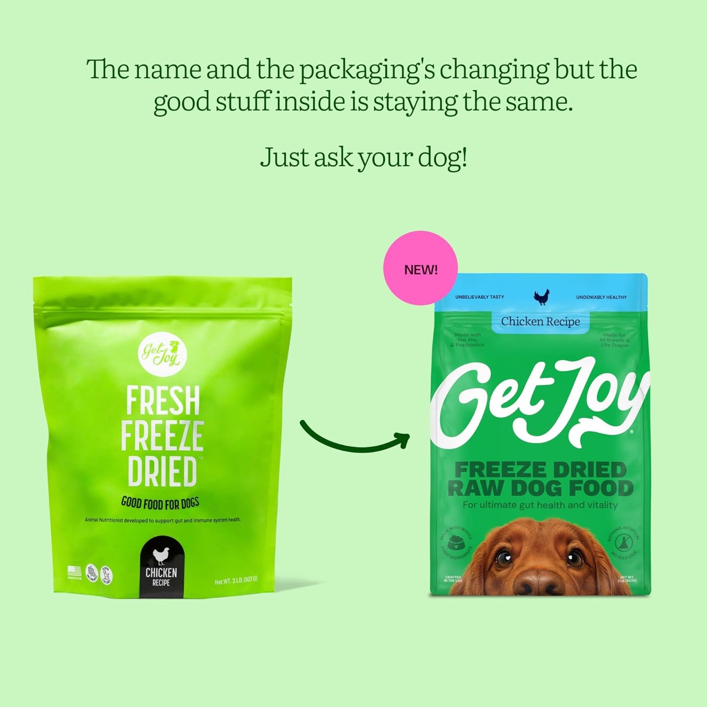 Get Joy Freeze Dried Raw Chicken Dog Food, High Protein Grain Free Meal, Topper & Treat, Gut Health Support with Probiotics, Small to Large Breed, 16oz Bag