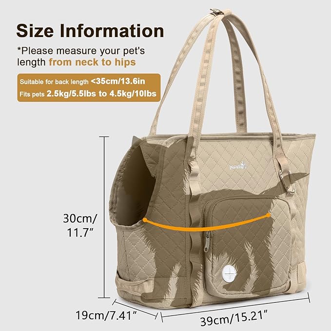 Pecute Dog Purse Carrier, Dog Carrier with Pockets for Small Dogs, Fits Dogs 5.5 lbs to 11 lbs, Cat and Puppies Tote Bag, Outing, Travel, Vet, Khaki
