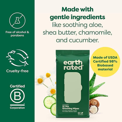 Earth Rated XL Pet Wipes for Dogs & Cats, 3-in-1 Hypoallergenic Cleaning, Deodorizing and Hydrating Extra Large Grooming for Body, Paws and Butt, Unscented, 60 Count