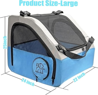 Large Portable Pet Crate for Car Travel, 24"x22"x25" Foldable Dog & Cat Carrier with Secures Seatbelt & Headrest Strap, Oxford Soft-Sided Pet Kennel with Removable Bed for Medium & Large Pet