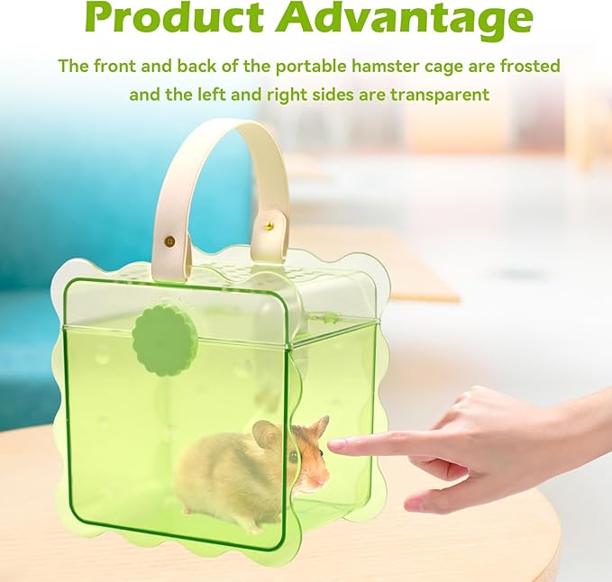 Portable Hamster Travel Cage,Dwarf Hamster Carrier Cages with Water Bottle Breathable Small Animal Outgoing Carry Case for Mice, Dwarf Hamster,Sugar Glider,Gerbils(Green)