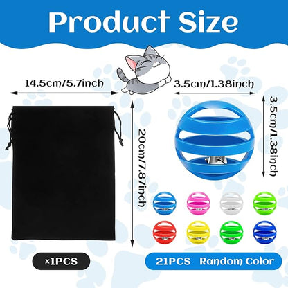 Kasyat 21 Pieces Plastic Cat Balls with Bells Bulk Inside Kitten Chase Toys Lattice Pounce Rattle Ball with Black Plush Drawstring Bag for Cat Exercise and Play Indoor