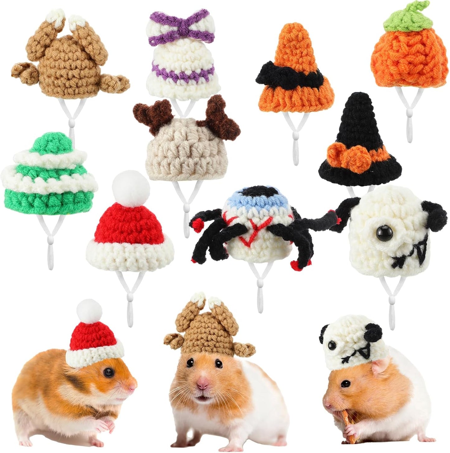 Kajaia 10 Pcs Hamster Hat Small Animals Cute Tiny Hat Mini Hand Knitted Hats for Snakes Pets Bearded Dragon Guinea Pig Bunny Costume Accessories Easter Holiday Parties(Elk Style)