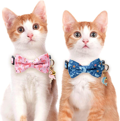 2 Pack Cotton Cat Collar with Bow Tie and Bell for Girl Boy Cats,Cute Pink Flamingo and Blue Whale Pattern Spring Summer Breakaway Cat Collar for Male Female Cats (Flamingo&Whale)