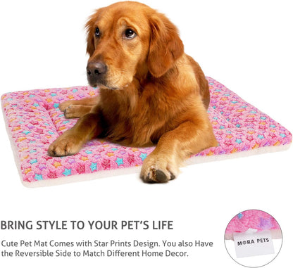 Mora Pets Dog Crate Pad - Ultra Soft Bed With Cute Star Print, Washable Mat for Large Medium Small Dogs, Reversible Fleece Kennel Liner, Cat Bed 35 x 22.8 Inch Pink