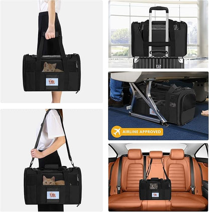 Cat Carrier, Dog Carrier, Pet Carriers Airline Approved for Kitten Small Dogs Carriers for Small Medium Under 15lbs, Collapsible Soft Sided Cat Carrier, Black