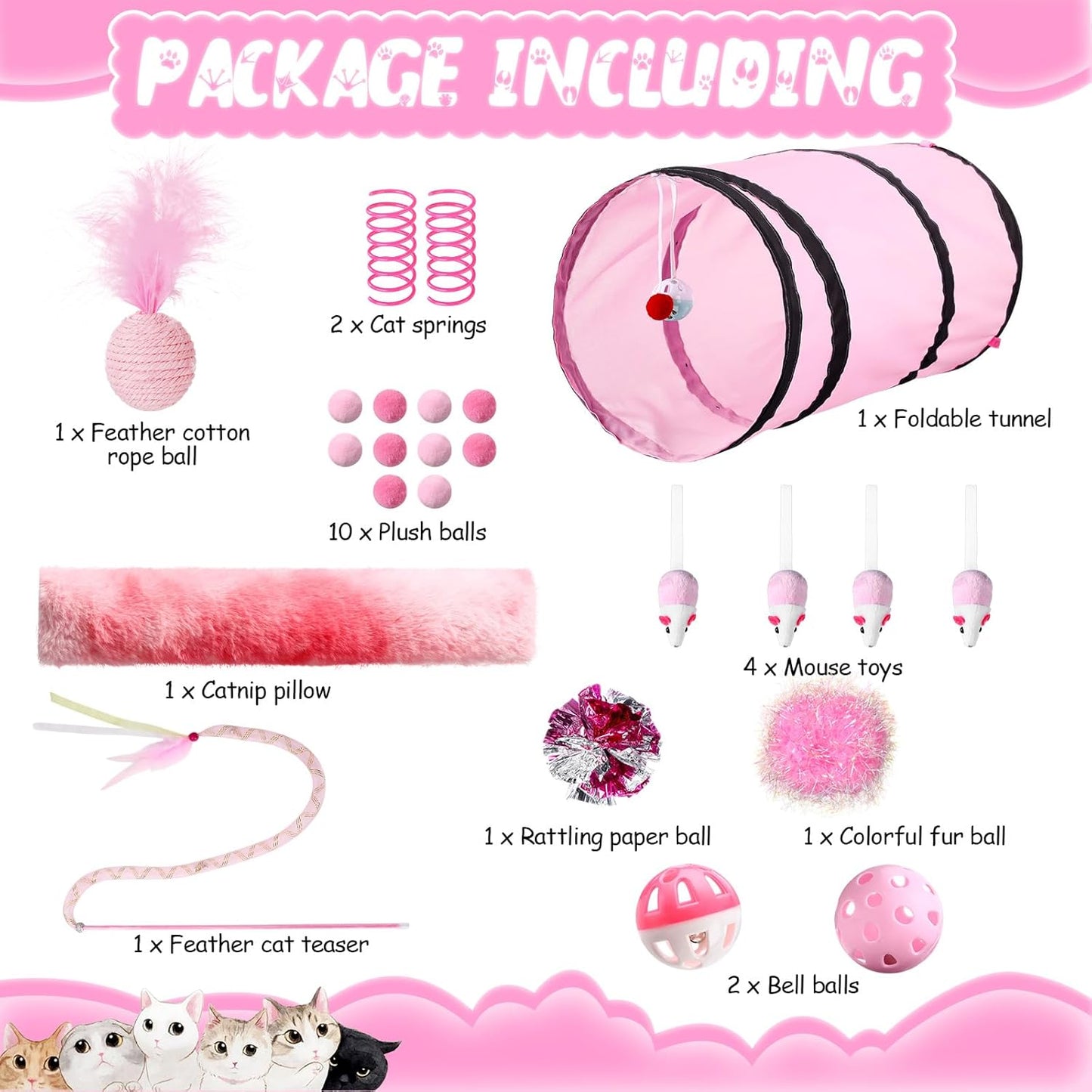 24 Pcs Cat Toys Set Interactive Kitten Toys Pack Including Collapsible Play Tunnel Feather Teaser Wand Fuzzy Ball Springs Pillow Mouse Bells for Indoor Cats Puppy (Pink)