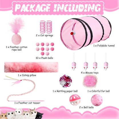 24 Pcs Cat Toys Set Interactive Kitten Toys Pack Including Collapsible Play Tunnel Feather Teaser Wand Fuzzy Ball Springs Pillow Mouse Bells for Indoor Cats Puppy (Pink)