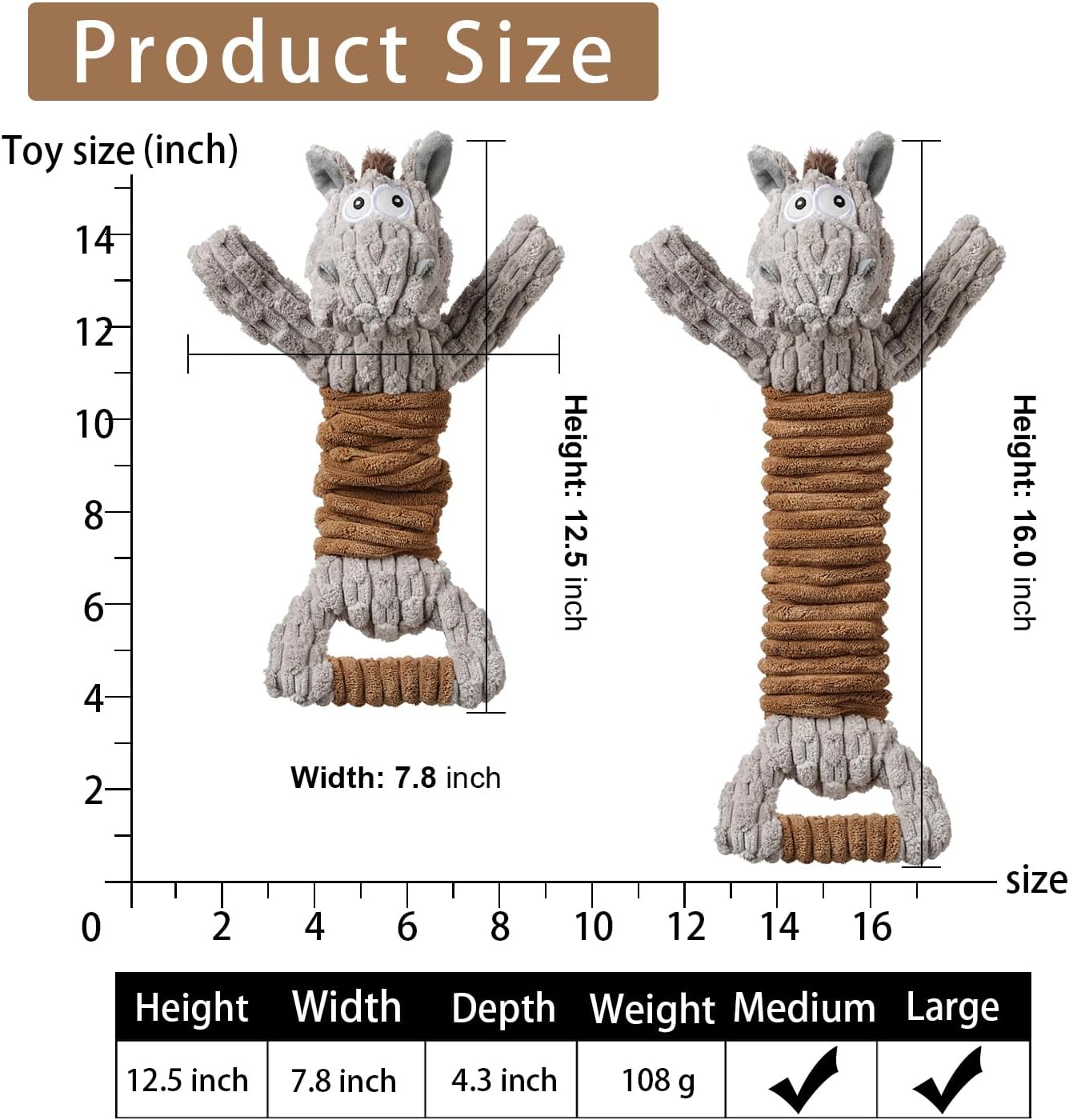 Squeaky Dog Toy, Durable Dog Toy Large Breed, Tug of War Dogs Interactive Toy, Stuffed Plush Puppy Toys with Crinkle Paper for Small, Middle, and Big Dogs(Tug of War Series, Donkey)