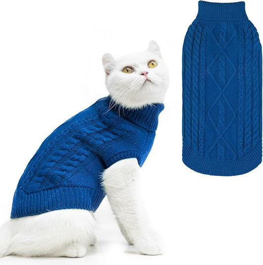 PUPTECK Winter Cat Sweater Coat - Soft Warm Cold Weather Clothes Knitwear for Kittens & Small Dogs Indoor Outdoor Wearing, Knitted Classic for Doggies Kitties Girls Boys, Dark Blue, M