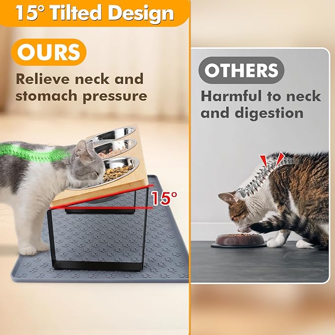 15° Tilted Elevated Cat Bowls - Raised Cat Bowls Stand with Silicone Food Mat & 3 Stainless Steel Cat Dishes for Food and Water, Anti-Vomiting for Indoor Cats and Small Pets