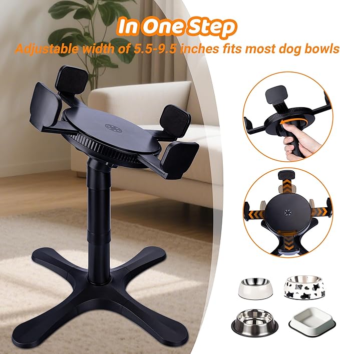 Elevated Dog Bowls Slow Feeder, 3 Adjustable Stand Heights and Width, Non-Slip Foot Mats, Tilting Raised Dog Bowls for Small, Medium and Large Dogs Breed (2 Pack), Black