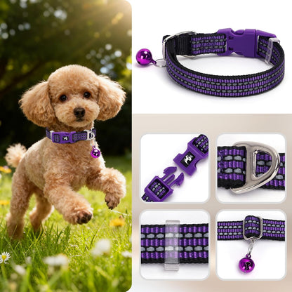 Small Dog Collar with Bell - Cute Reflective Puppy Collar Gift for Girl, Adjustable Nylon Collar for Chihuahua Pomeranian Nighttime Safety (Purple S)