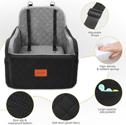Dog Car Seat for Small & Medium Dogs, Detachable & Washable Booster Seat for Pets Up to 35lbs, Pet Travel Bed with Storage Pockets and Safety Belt (Black/Grey, Medium)