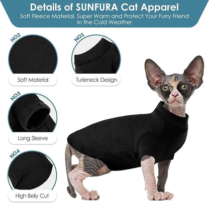 SUNFURA Turtleneck Sweater for Cat, Sphynx Cats Shirt Hairless Cat Sweaters with Sleeves, Warm and Soft Kitten Pullover Fleece Winter Pajamas Jumpsuit for Puppy Cats, Black S