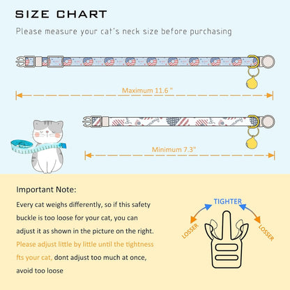 Faygarsle 2 Pack Patriotic American Flag Dog Collar Pattern Cat Collars Breakaway Safety Collar with Bell Spring Summer Design for Girl Cats, Red White Blue