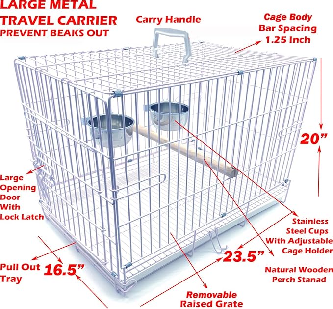 Large 23.5"x16.5"x20"H Travel Vet Bird Parrot Easy Foldable Metal Cage Carrier with Stainless Bowls and Wooden Stand Perch Prevent Beaks Out