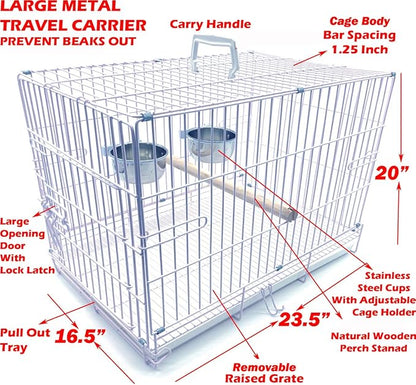 Large 23.5"x16.5"x20"H Travel Vet Bird Parrot Easy Foldable Metal Cage Carrier with Stainless Bowls and Wooden Stand Perch Prevent Beaks Out