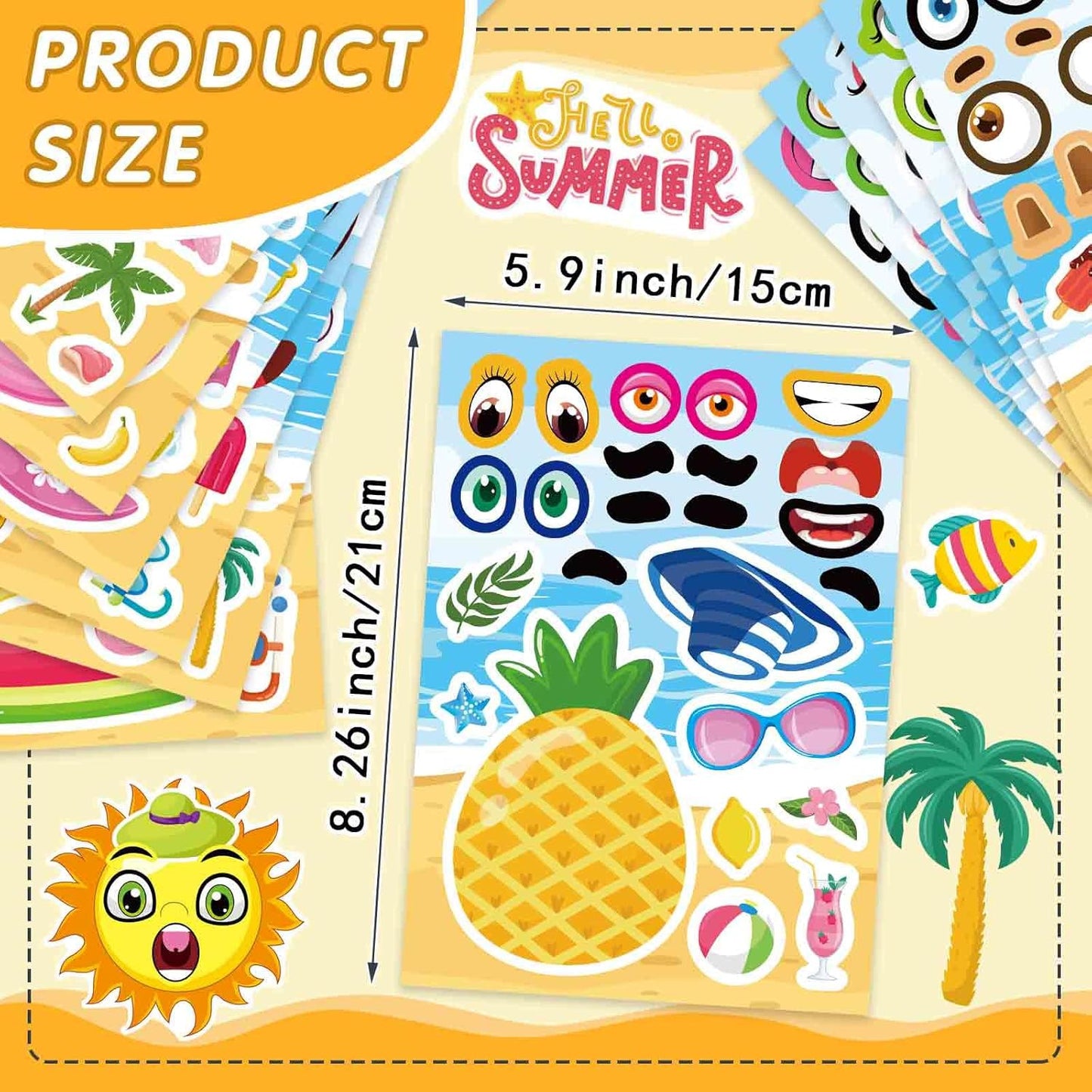 48 Sheets Summer Stickers for Kids, Make a Face Sticker Hawaii Tropical Pool Beach Sticker, Make Your Own Watermelon Pineapple Flamingo Stickers for Tropical Luau Party, Summer Holiday Party Favors