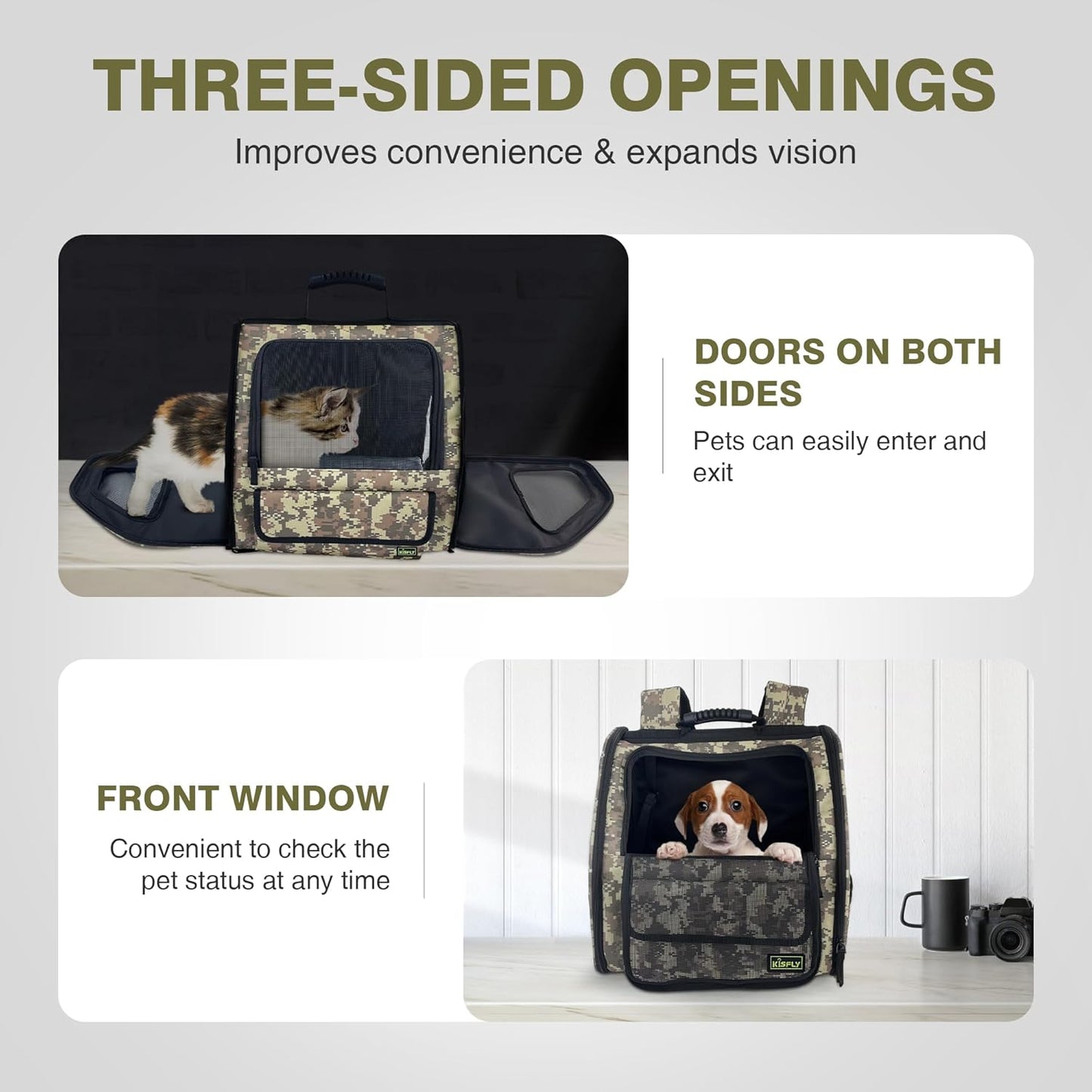 Collapsible Cat Backpack Carrier, Dog Backpack Carrier for Small Dogs Cats Up to 12 Lbs, Three-Sided Breathable Pet Backpack with Soft Padded, Designed for Outdoor and Travel Use, Camo