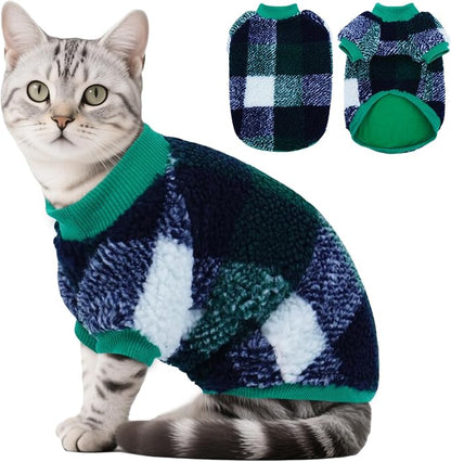 DENTRUN Cat Sweater Winter Clothes - Plush Fleece Coat with Cotton Lining, Anti-Static, Front Legs Kitten Pajamas, Stretch Ribbed Cuffs for Warmth, Cozy Christmas Outfit for Small Medium Large Cats
