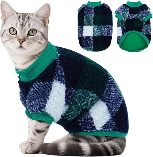 DENTRUN Cat Sweater Winter Clothes - Plush Fleece Coat with Cotton Lining, Anti-Static, Front Legs Kitten Pajamas, Stretch Ribbed Cuffs for Warmth, Cozy Christmas Outfit for Small Medium Large Cats