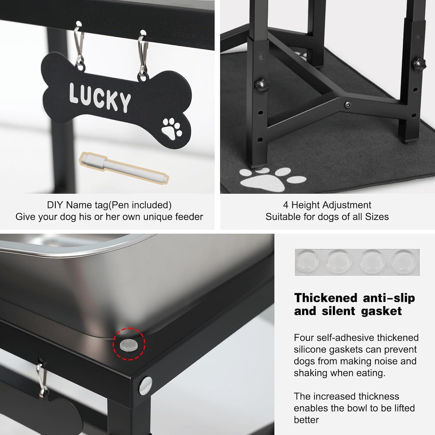 2 Gallon Elevated Large Dog Water Bowl, 4 Adjustable Height 10.5-15.8'' Raised Stainless Steel Bowl Stand with Anti-Slip Mat for Large Breed, Metal Dog Feeding Station for Relief Joint Pressure